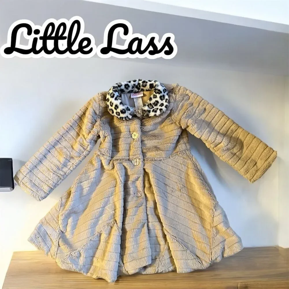 Little Lass Girls Toddler Leopard Collar Tan Faux Fur Soft Button Down Coat